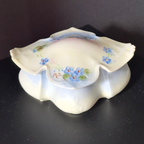 Antique RS Germany Trinket Dish Powder Jar Blue Flowers Hand Painted Signed M.S. - Picture 2 of 15